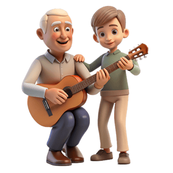 vibrant minimalist Grandfather Teaching Grandson to Play Guitar Transparent Background genuine png