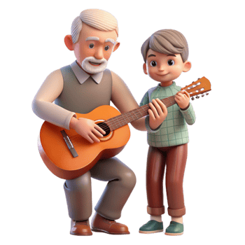 extraordinary artistic Grandfather Teaching Grandson to Play Guitar Transparent Background premium png
