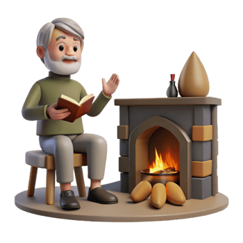 impressive rustic Grandfather Telling Stories by Fireplace Transparent Background exclusive png