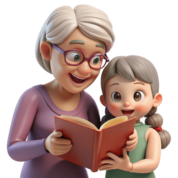 extraordinary classic Grandmother and Granddaughter Reading Together Isolated high resolution png