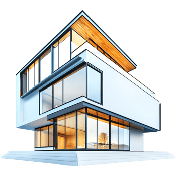 A modern house with glass windows and a balcony png