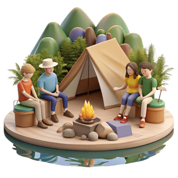 dramatic minimalist Group of Friends Camping in Forest Transparent Background premium png