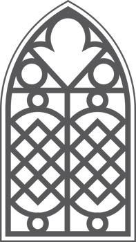 Church window with arched frame and stained glass. Gothic architecture element. Medieval castle door silhouette. Catholic interior decoration. png