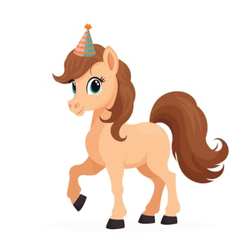 Cute Little Pony in Birthday Hat Flat Illustration Isolated on White Background. vector