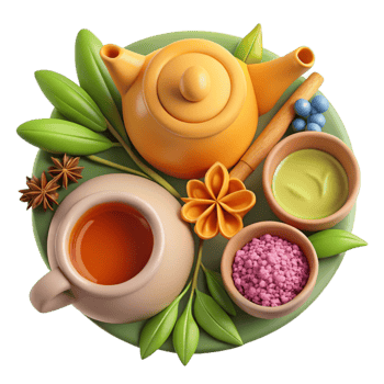 serene contemporary Herbal Tea Ingredients Flat Lay Isolated with Vibrant Colors professional png
