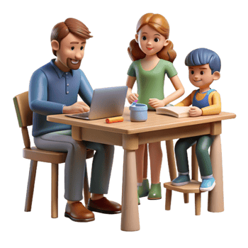 serene vintage Homeschooling Family at Table Isolated exclusive png