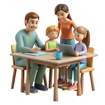 dramatic contemporary Homeschooling Family at Table Isolated authentic png
