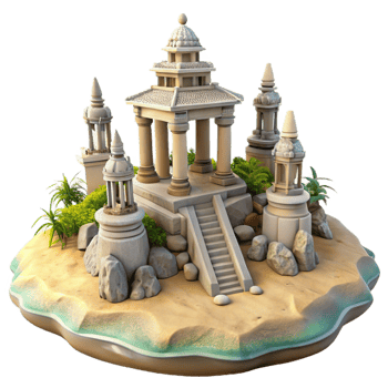 elegant minimalist Island with Ancient Temple and Statues Isolated genuine png