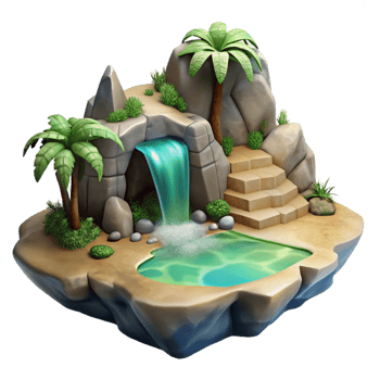 elegant vintage Island with Cave Entrance and Hidden Waterfall Isolated png