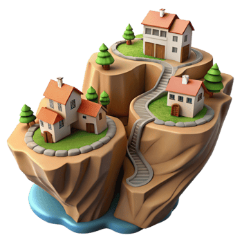 dramatic modern Island with Cliffside Houses and Winding Roads Isolated exclusive png
