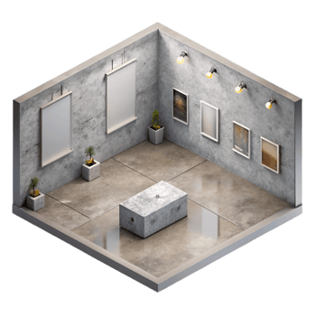 vibrant abstract Isometric Empty Gallery Space Gray Floor Isolated original png