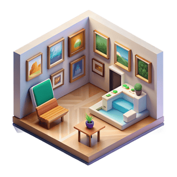 serene vintage Isometric Virtual Art Gallery with Paintings Cutout exclusive png