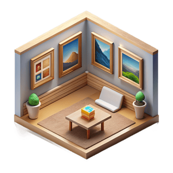 stunning modern Isometric Virtual Art Gallery with Paintings Cutout premium png
