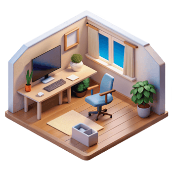 extraordinary creative Isometric Virtual Home Office with Desk and Computer Isolated detailed png