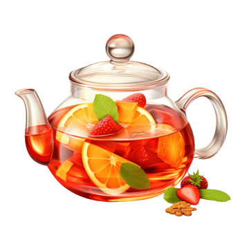 Glass teapot filled with fruit tea and floating citrus slices png