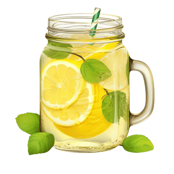 Refreshing jar of lemonade infused with lemon slices and mint leaves png