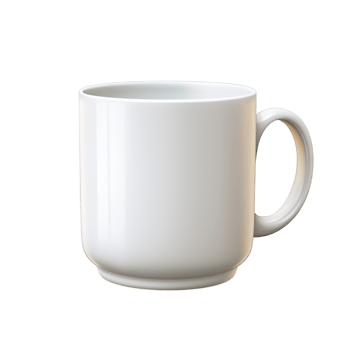 Simple white ceramic mug featuring a smooth, curved handle png