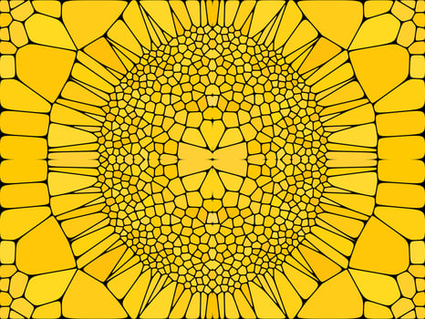 A digital mosaic pattern with a yellow and black color scheme, featuring intricate, irregular shapes forming a symmetrical, sun-like design. vector