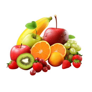 Colorful fresh fruits including apples, oranges, and berries png