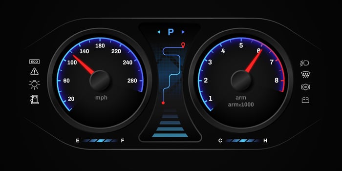 Car dashboard with speedometer and navigation on digital display for accurate vehicle monitoring vector