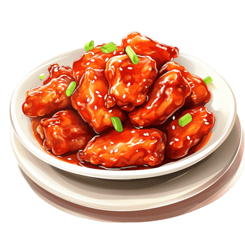 Plate of spicy glazed chicken sprinkled with fresh green onions png