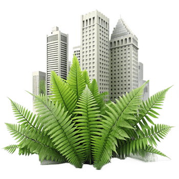 dramatic rustic Lush Fern Fronds Against Urban Backdrop Cutout original png