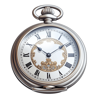 Antique silver pocket watch with a polished chain and Roman numerals png