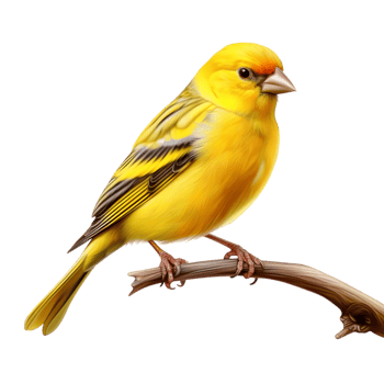 Vibrant yellow canary perched lightly on a thin wooden branch png