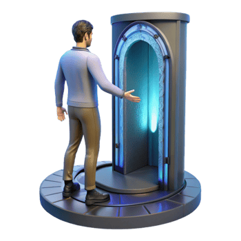 elegant contemporary Man Entering Teleportation Chamber Side Angle Transparent Background png
