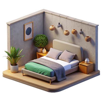 serene minimalist Minimalist Bedroom Front View Isolated high quality png