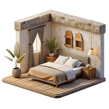 serene traditional Minimalist Bedroom Front View Isolated genuine png