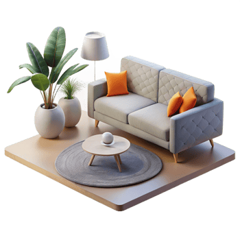 beautiful vintage Minimalist Living Room Side View Isolated high resolution png