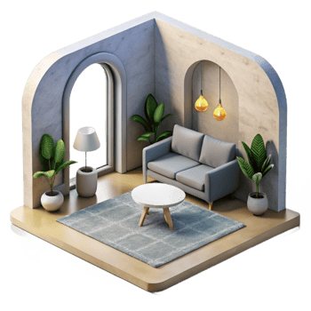 serene artistic Minimalist Living Room with Gray Rug Cutout authentic png