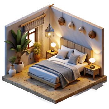 serene artistic Modern Bedroom Interior Cozy Lighting Isolated high quality png