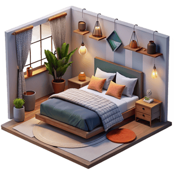 beautiful creative Modern Bedroom Interior Cozy Lighting Isolated professional png