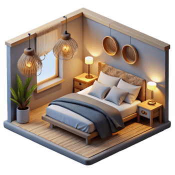 vibrant traditional Modern Bedroom Interior Cozy Lighting Isolated genuine png