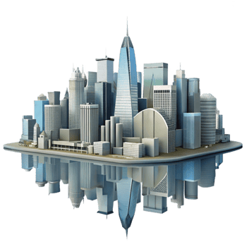 beautiful artistic Modern City Skyline with Water Reflection Cutout authentic png
