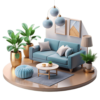 serene vintage Modern Interior Design Living Room Scene Transparent Background original png