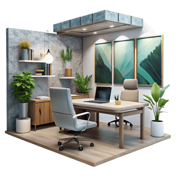 vibrant rustic Modern Office Interior with Plants Isolated premium png