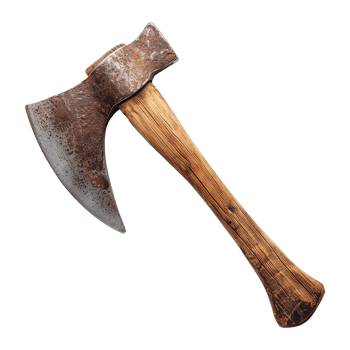 A Rustic Old Weathered Axe with a Wooden Handle Isolated on White Background png