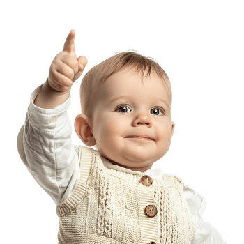 Adorable Baby Boy Pointing Upwards in Cream Knit Vest and White Shirt png
