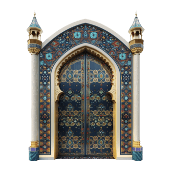Ornate Palace Entryway with Intricate Double Doors and Mosaic Tilework png
