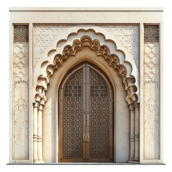 Ornate Architectural Entrance with Intricate Carved Stone and Metal Double Doors png