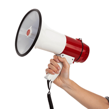 Hand holding a red megaphone making an announcement png