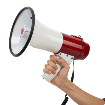 Hand holding white megaphone against a black background png