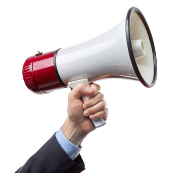 A hand in a business suit holding a red and white megaphone making an announcement png
