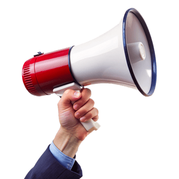 A hand holding a white megaphone making an announcement png