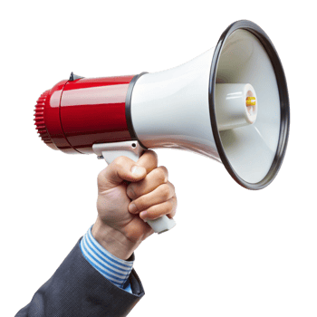 A businessman holds a red and white megaphone making an announcement png