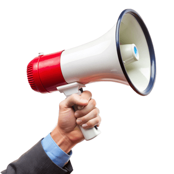 A hand in a suit holding a red and white megaphone making an announcement png