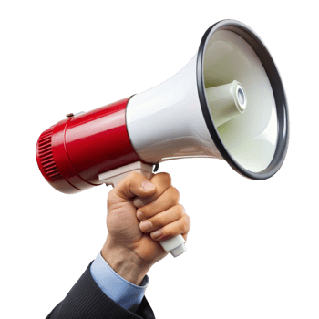 A Man in a Suit Holding a Red and White Megaphone Making an Announcement png